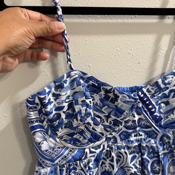 Caroline Constas NWT Medium Blue White Floral Sweatheart Midi Dress Boho Resort - Picture 7 of 7